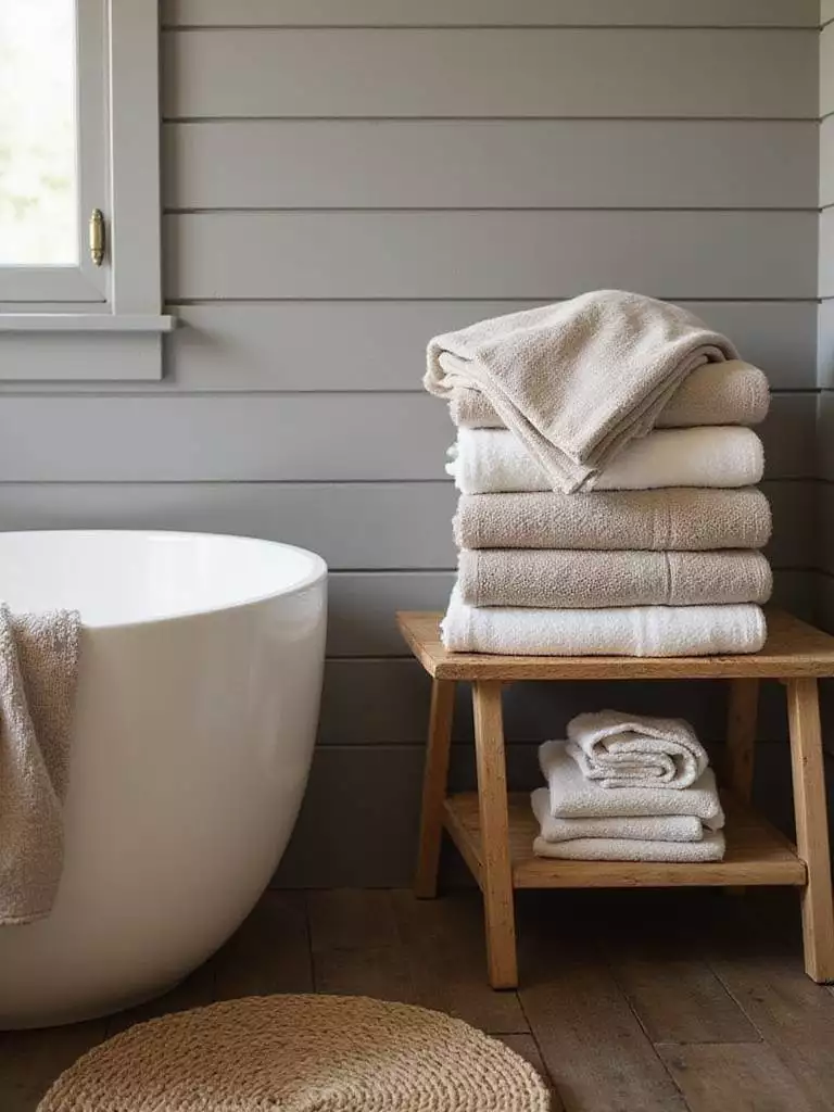 Rustic bathroom featuring textured linen towels and a jute bath mat for added comfort and style.