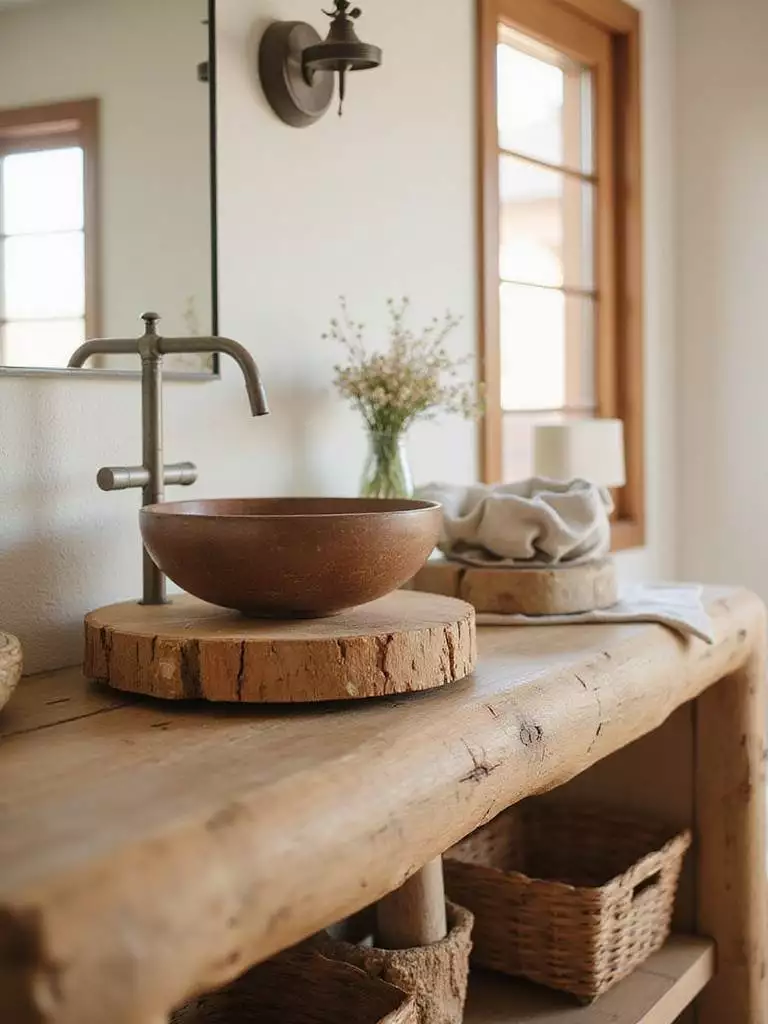 Rustic bathroom vanity featuring a log slice countertop and vessel sink.