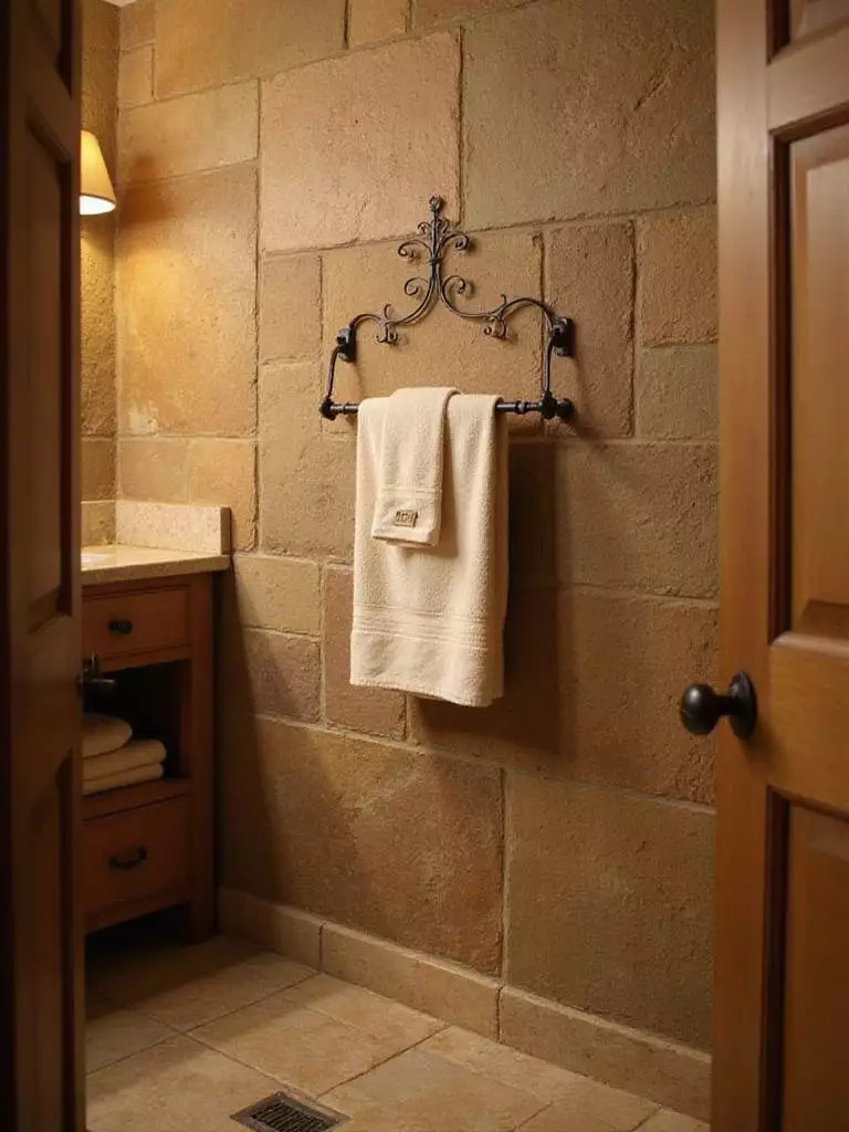 Rustic bathroom featuring a wrought iron towel bar with a neatly folded towel.