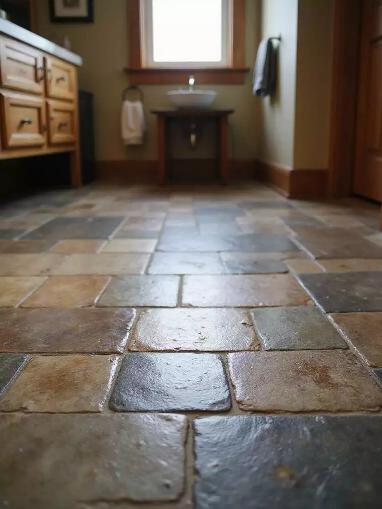 Rustic bathroom floor featuring natural slate stone tile in an irregular pattern
