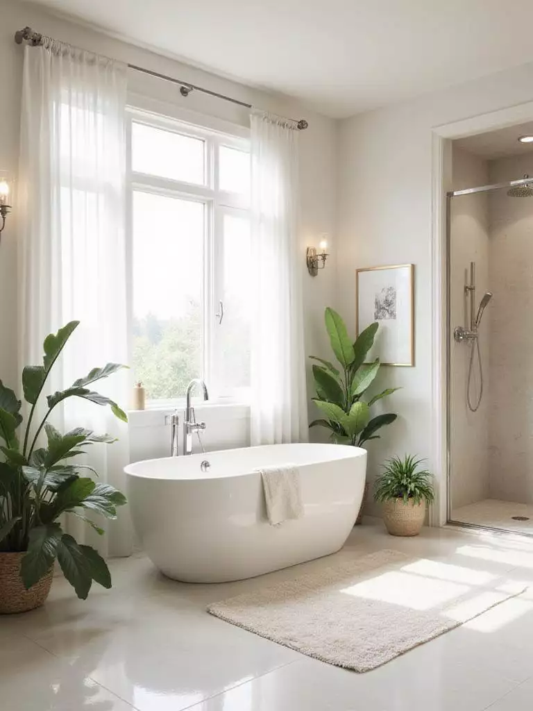Spa-like bathroom with soaking tub and rainfall shower.