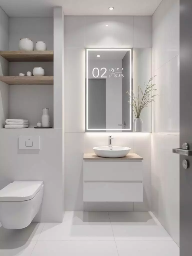 Modern bathroom with smart mirror and toilet showcasing smart home technology