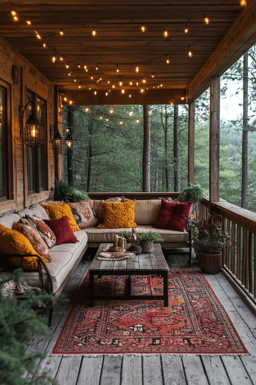 Outdoor cabin terrace with lights