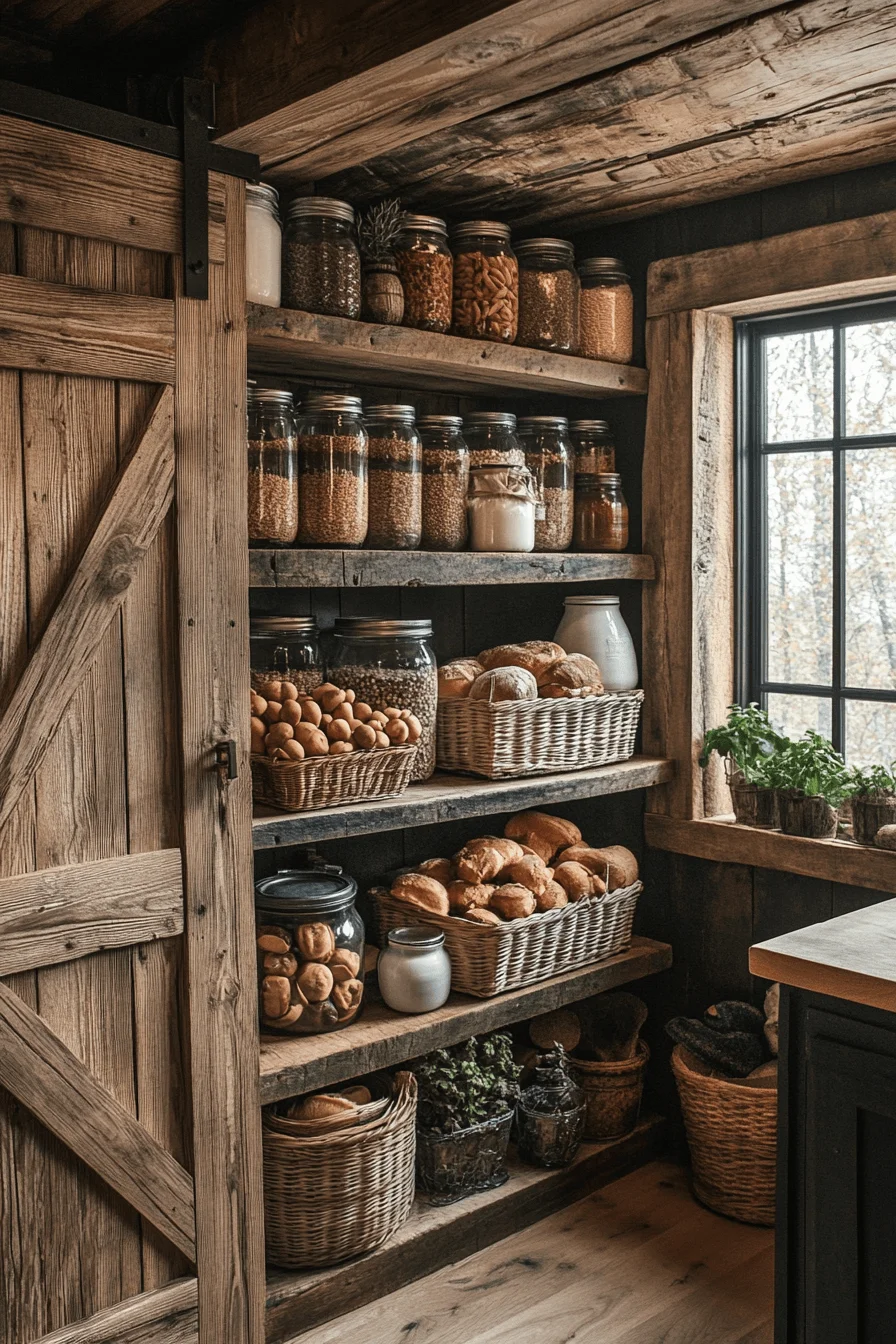Rustic pantry with jars and baskets