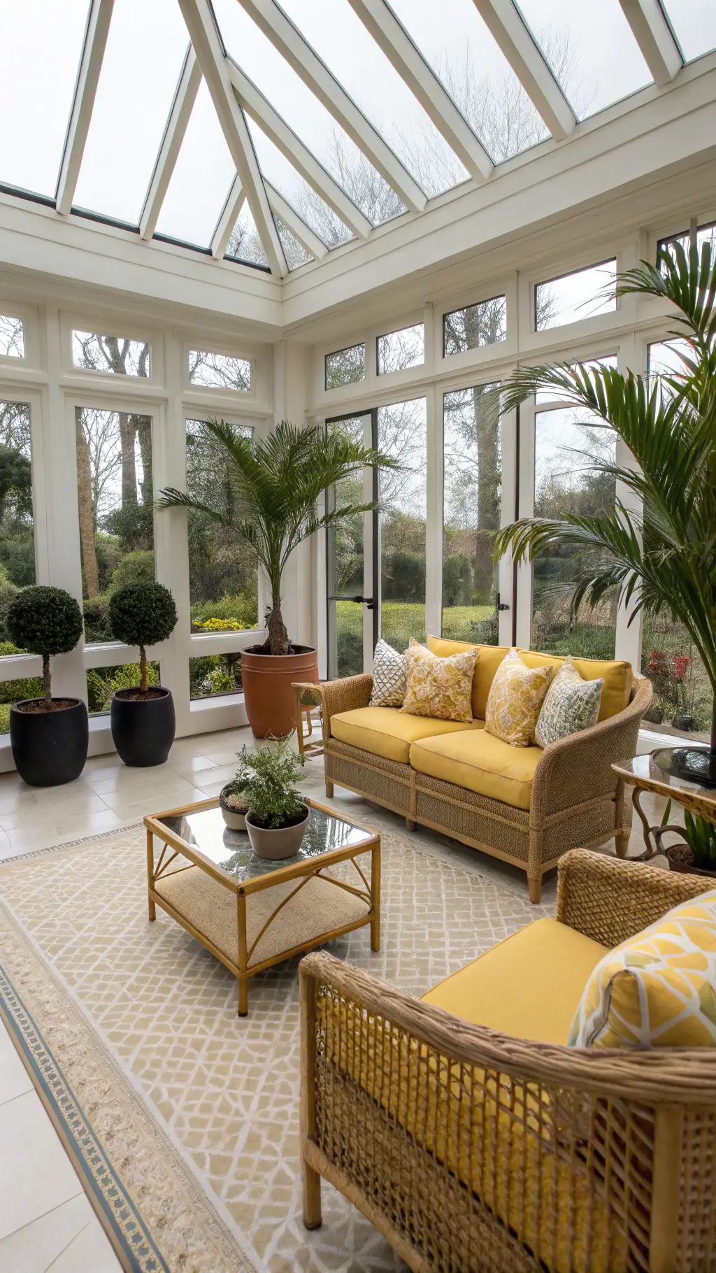 Bright sunroom with rattan furniture featuring yellow velvet cushions, chrome and glass cocktail tables, potted palms in black and gold planters, cream terrazzo flooring with brass inlays, illustrating seamless indoor-outdoor flow.