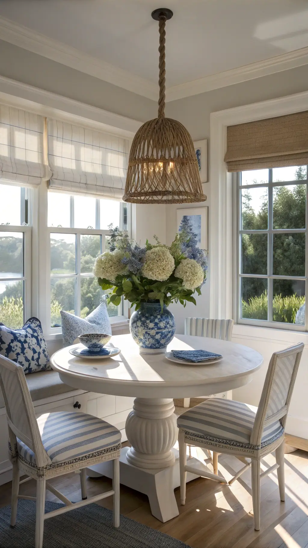 coastal kitchen nook with bay window alcove, round white table, linen-covered chairs, blue striped vase with hydrangeas, rope-wrapped pendant light