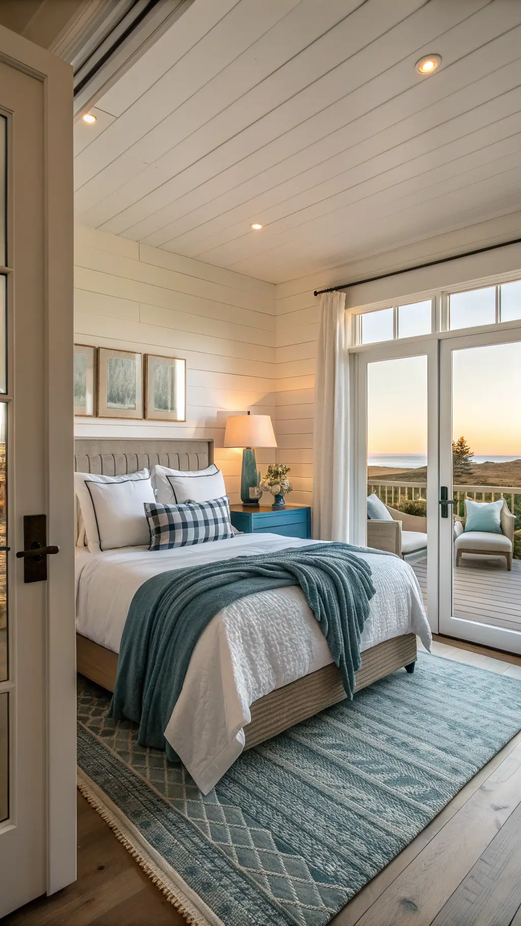 master bedroom with panoramic windows, warm golden hour light, king-sized bed with white linens and blue-grey throws, oak nightstands, blue ceramic lamps, pale aqua knit throw, shiplap wall
