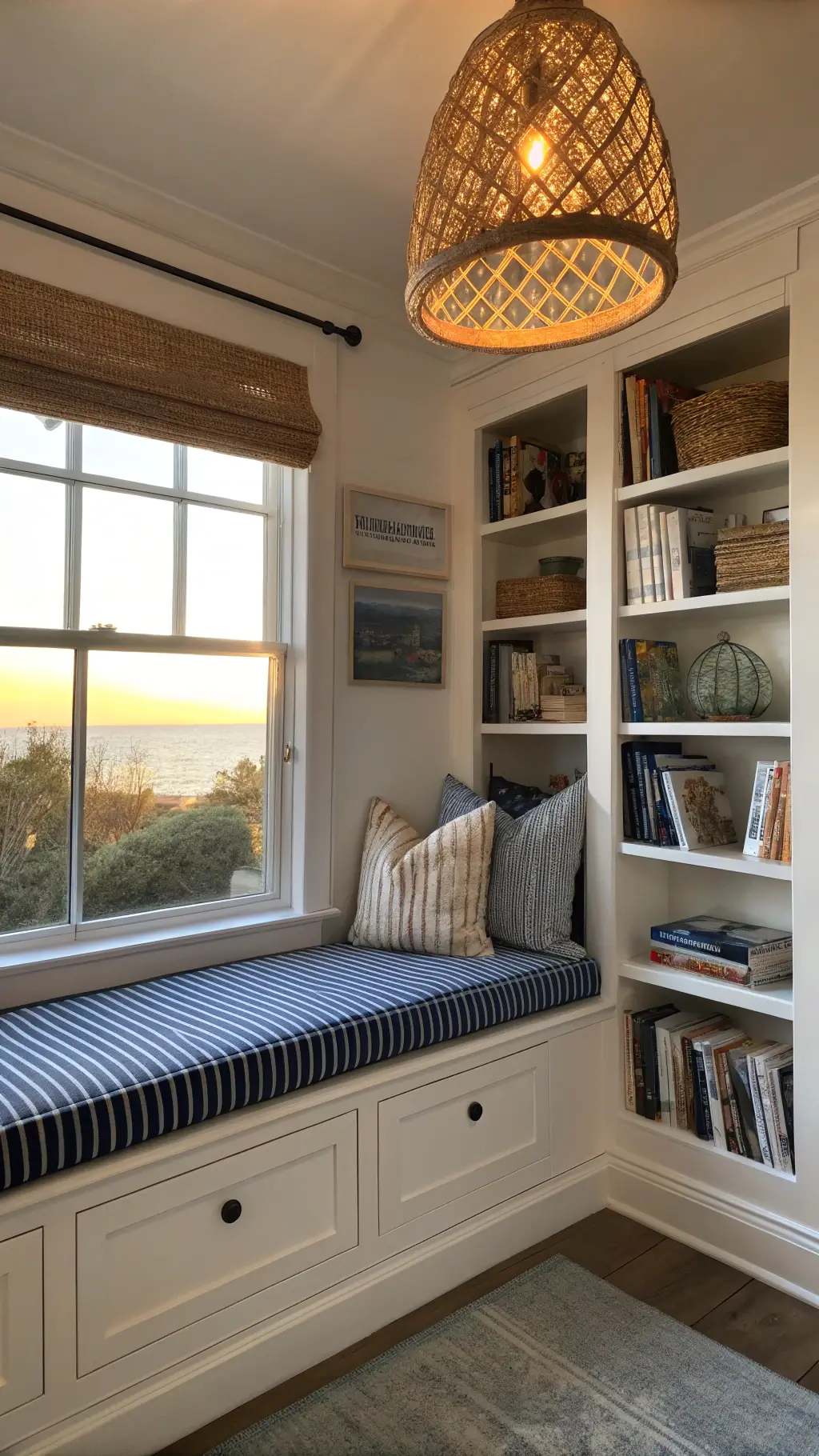 cozy reading nook with weathered white bench, navy striped cushions, floating shelves with coastal artifacts and books, woven pendant light, warm golden afternoon light