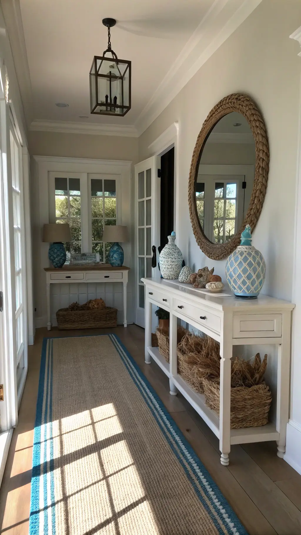 welcoming entryway with transom windows, white console table decorated with coral and blue glass vessels, oversized round mirror with rope detail, natural fiber runner