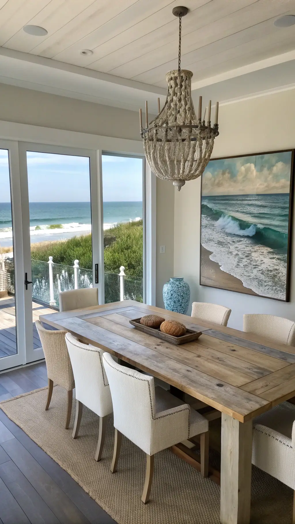 ocean-inspired dining room with French doors, reclaimed wood table, sandy beige slipcovered chairs, abstract seascape artwork, shell chandelier, natural midday light