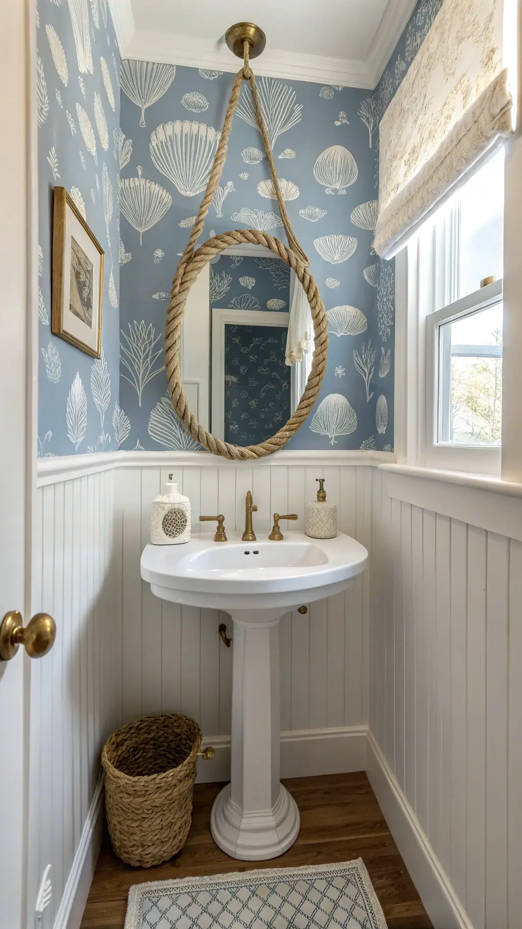 small coastal-themed powder room with beadboard walls, pedestal sink, antique brass fixtures, round rope mirror, blue and white shell-patterned wallpaper, ambient afternoon light