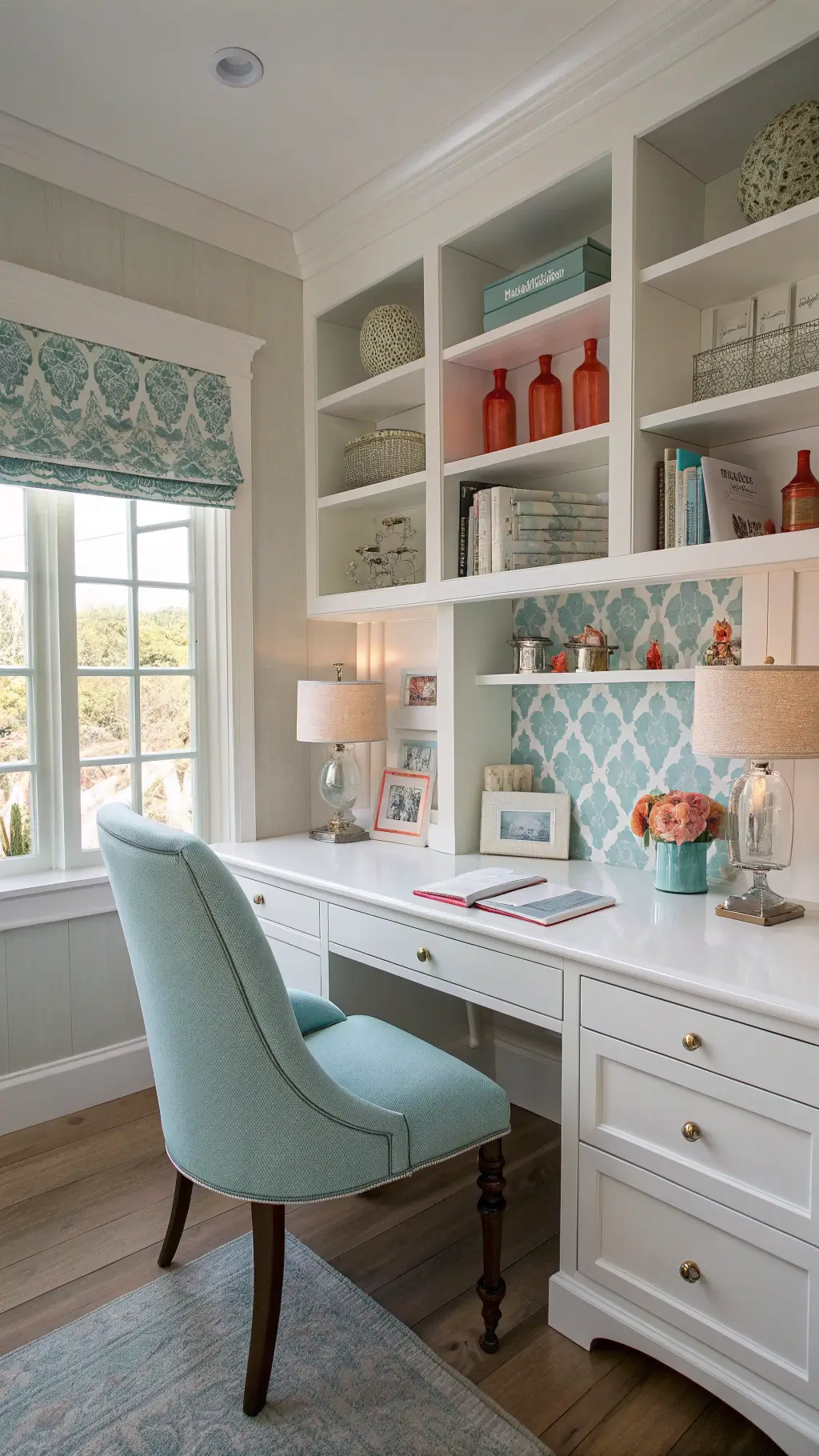 serene home office with morning light through roman shades, white desk, seafoam linen chair, nautical-themed built-in shelves