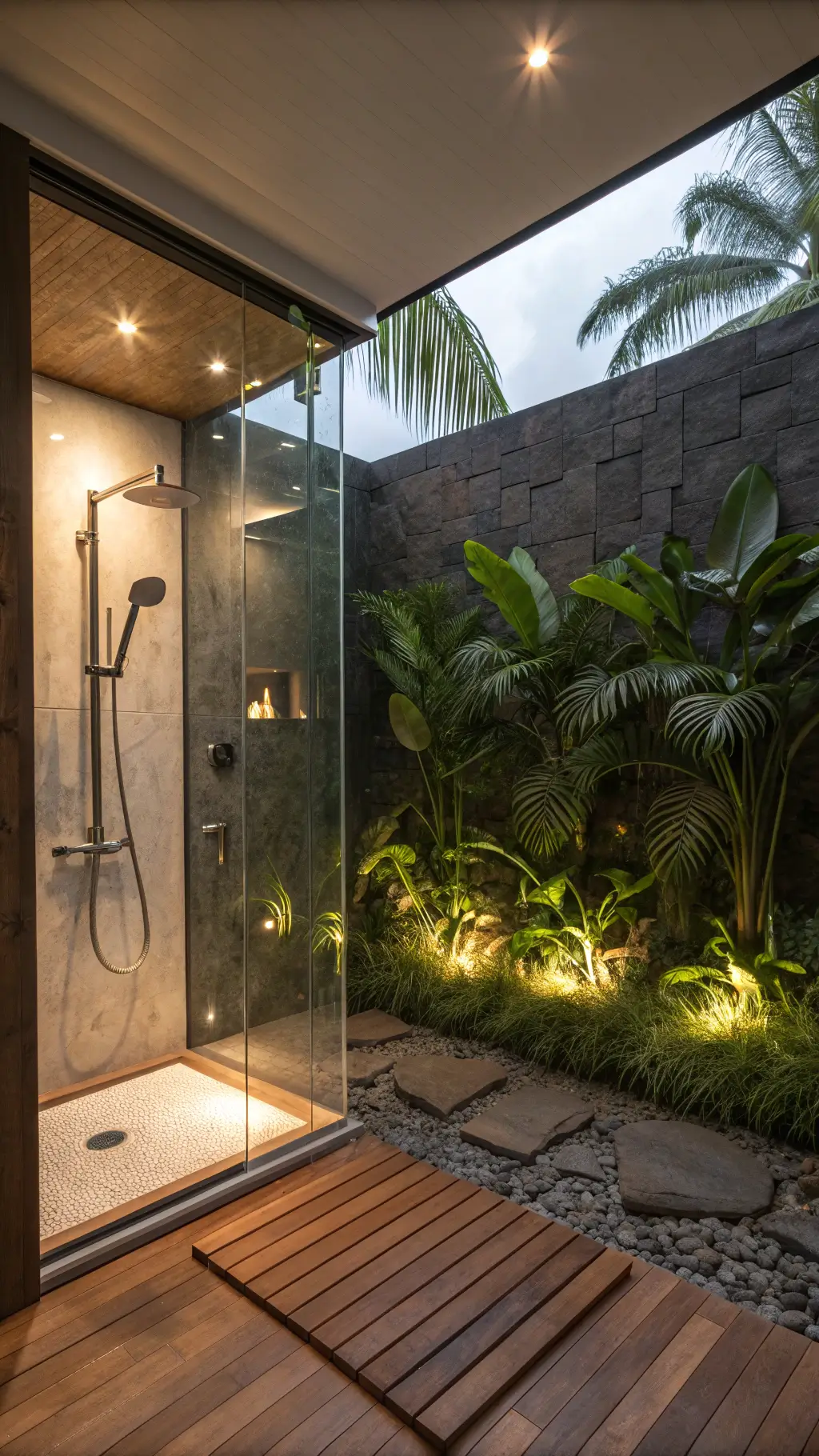Spa-inspired bathroom with smart shower, living wall, teak mat, and ambient lighting
