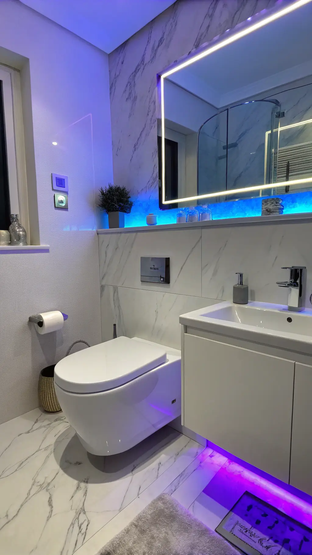 Bathroom with voice-controlled chromotherapy lighting, floating toilet, and digital bidet controls