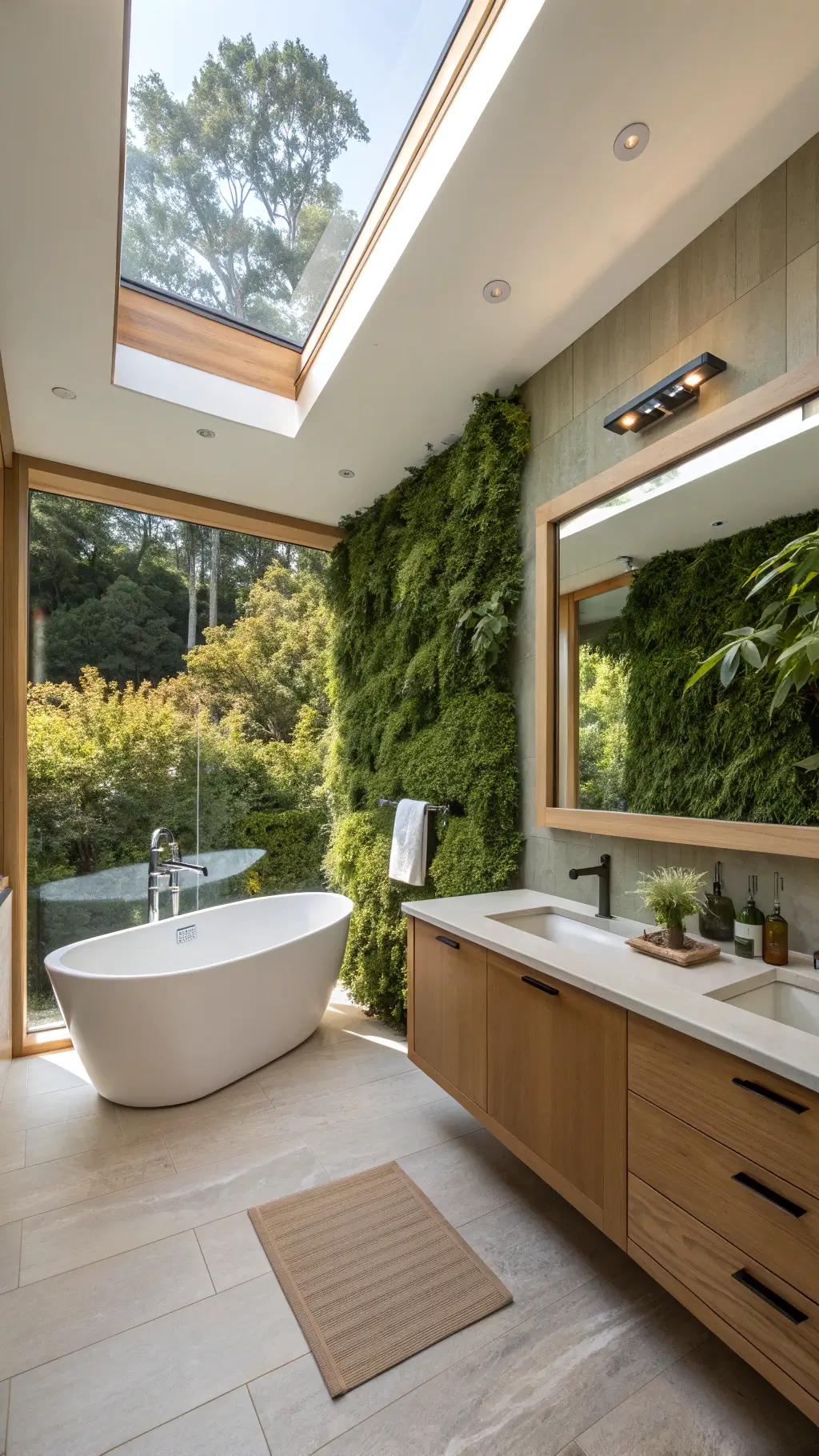 Spacious bathroom with floating vanities, freestanding tub, and natural light
