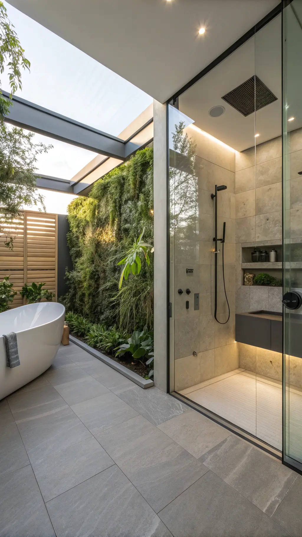 Bathroom with smart glass partition, heated stone floors, and digital controls