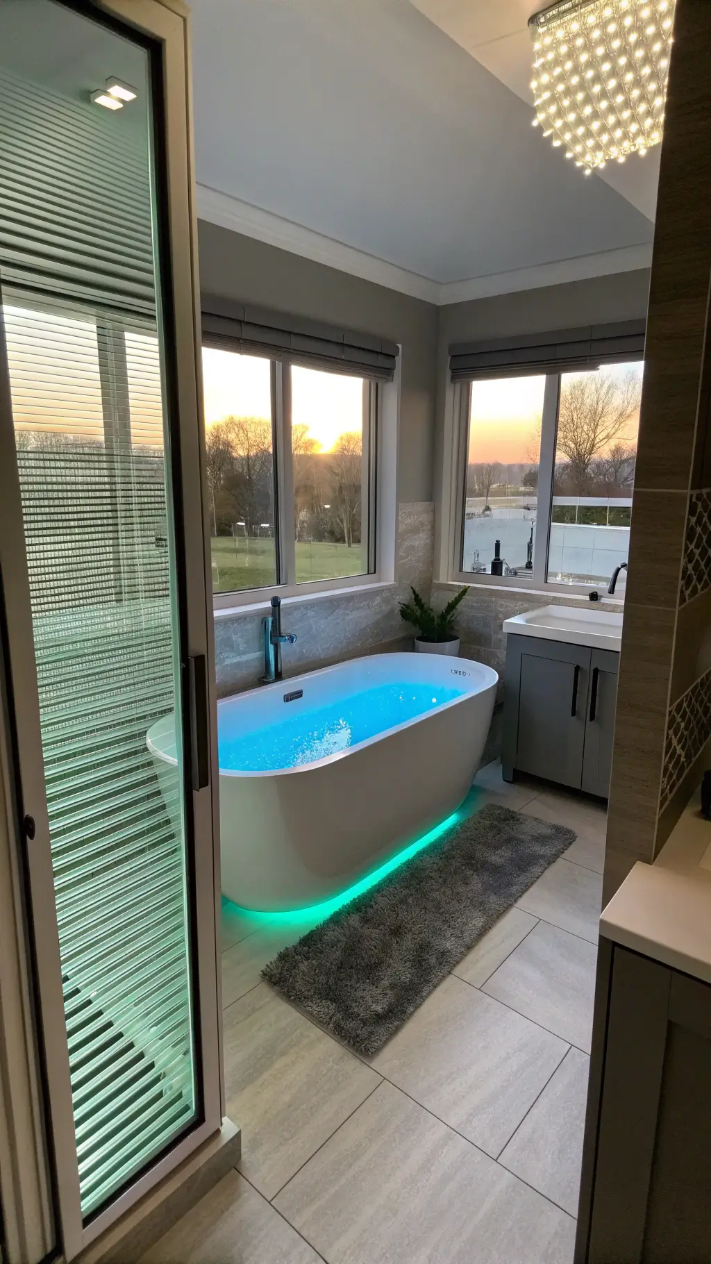 Bathroom with chromotherapy tub, wireless charging vanity, and automated blinds