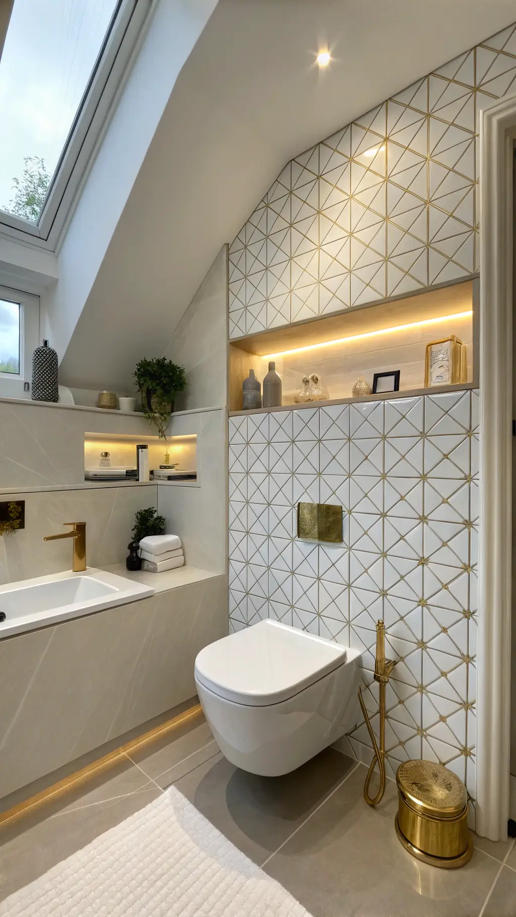 Bright bathroom with LED niches, touchless gold faucet, and smart toilet