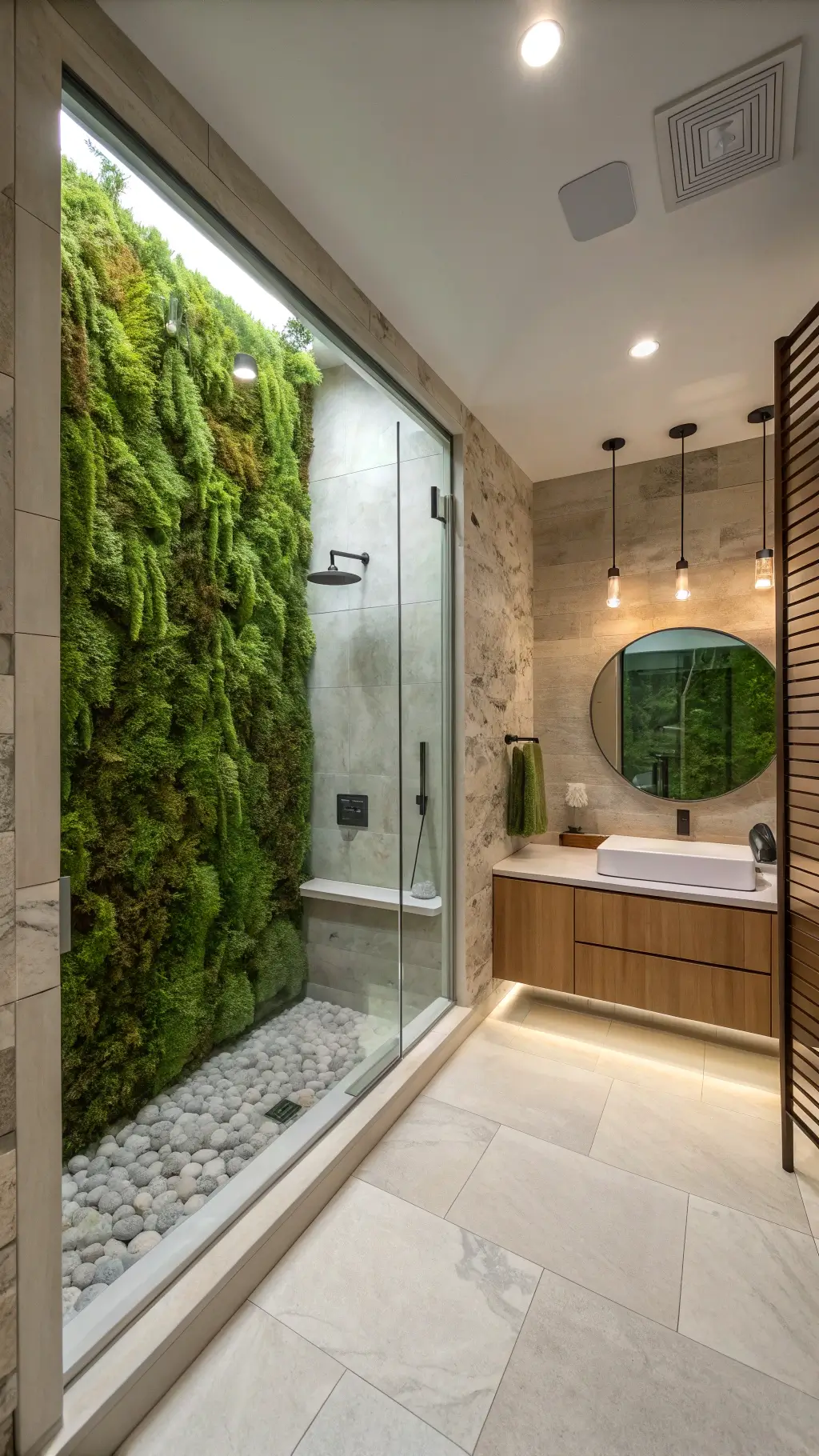 Zen-inspired bathroom with digital steam shower, moss wall, and floating vanity