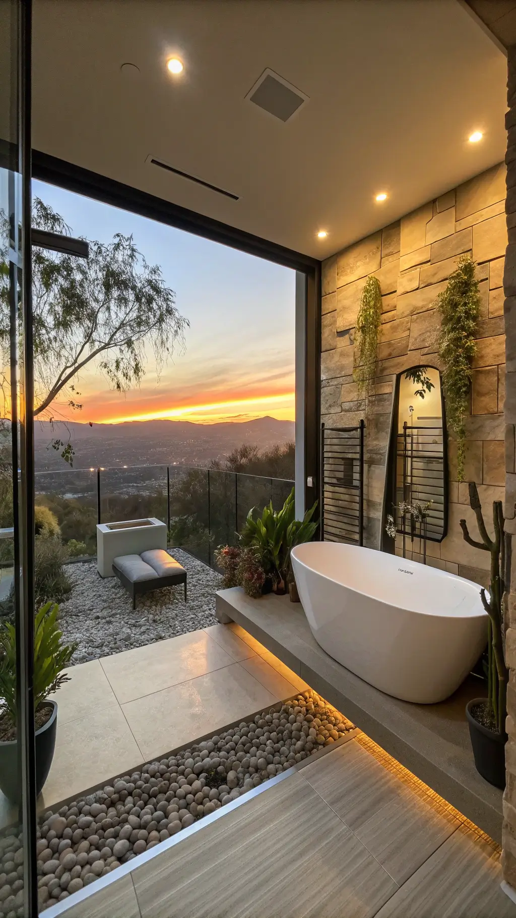 Contemporary bathroom with smart mirror, digital tub, succulent garden, and hidden speakers