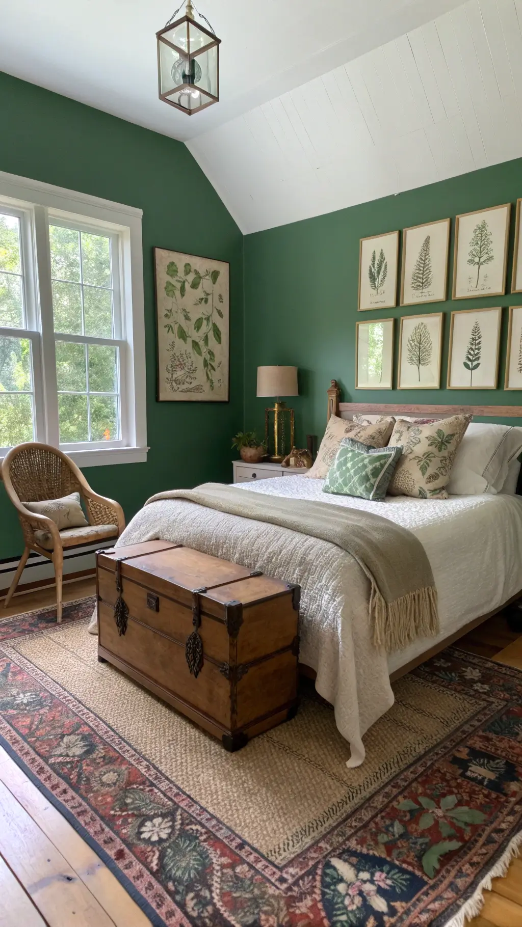 cozy bedroom with sage and cream linen bedding, vintage trunk nightstand, brass lamp, layered rugs, emerald accent wall, botanical prints, rattan chair, sheepskin throw, soft morning light