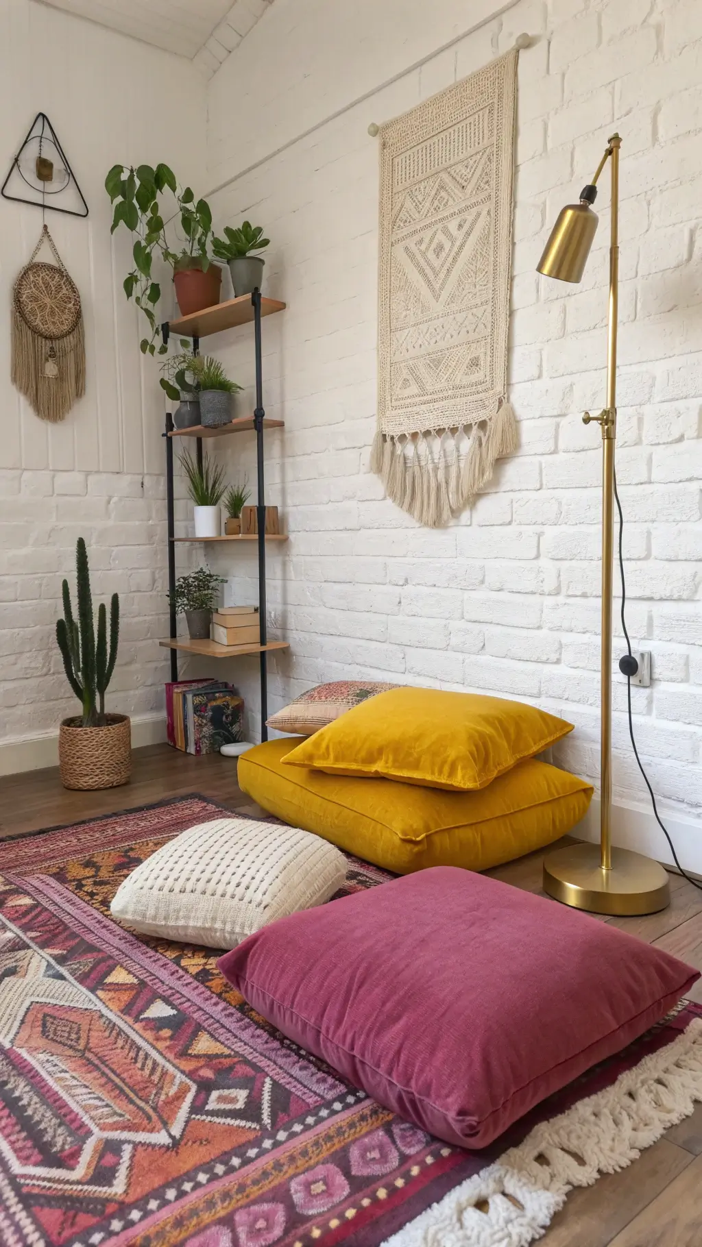 sunlit meditation nook with colorful cushions, woven wall hangings, brass lamp, turkish rug, floating shelves with crystals and succulents