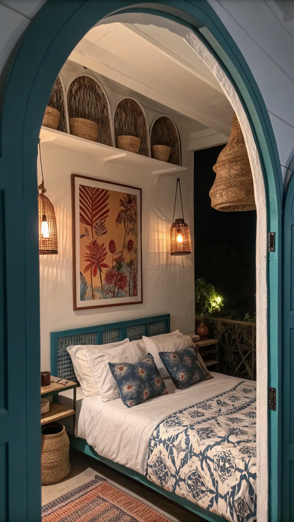 vintage bamboo headboard in teal alcove, amber pendant lights, navy and cream quilts, plum abstract art, handwoven baskets on floating shelves