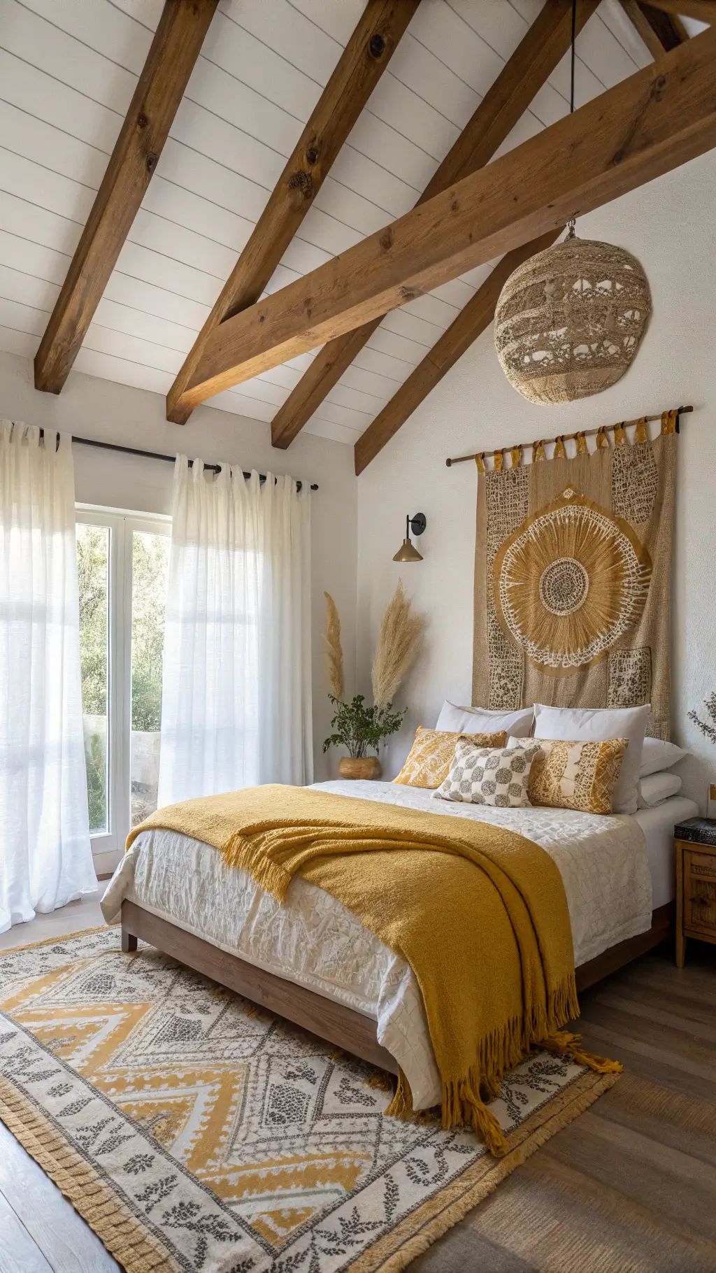 spacious bedroom with exposed wooden beams, sheer curtains, platform bed, mixed textiles, ceramic vases, pampas grass, moroccan blanket, natural fiber pendant lights
