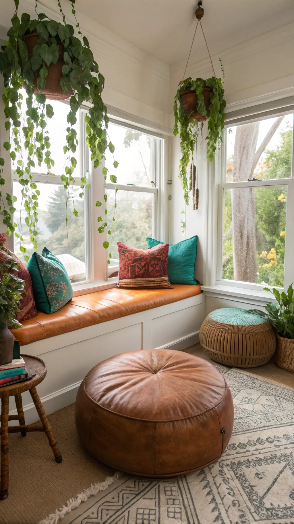 bohemian reading corner with brown leather cushions, turquoise and rust pillows, built-in window seat, hanging plants, carved wooden side table
