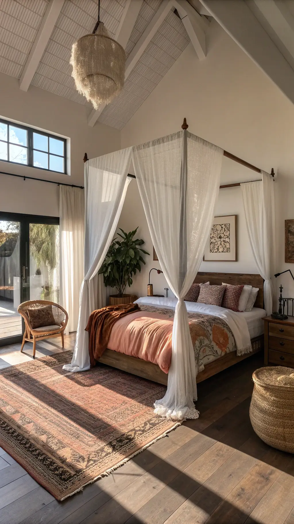 modern boho bedroom with four-poster bed, taupe, peach, oxblood bedding, vintage rug, rattan peacock chair, black and white photo gallery wall