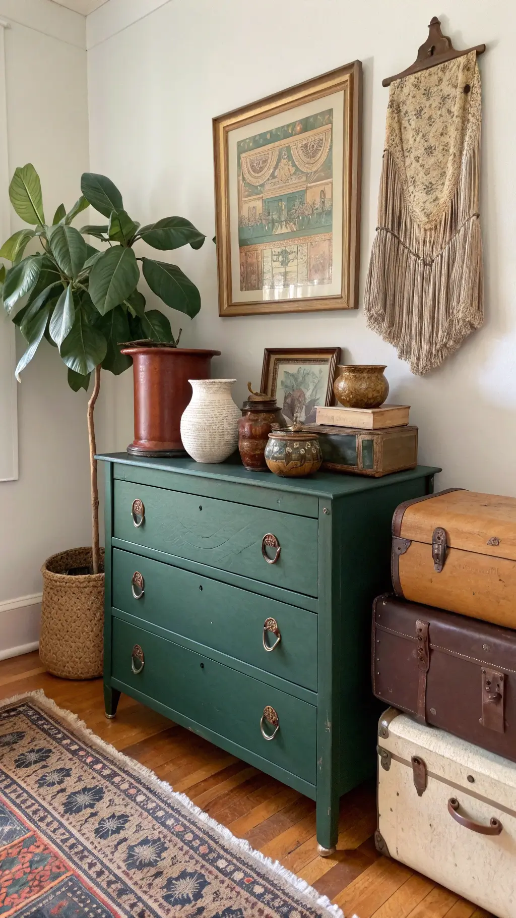 antique green dresser with ceramic vessels, vintage textile art, stacked suitcases, potted fiddle leaf fig, bright morning light