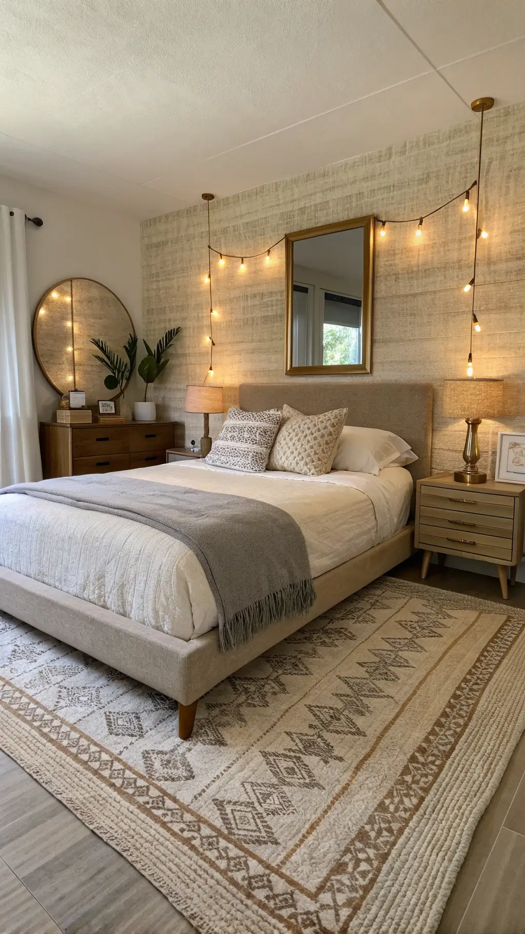 minimalist boho bedroom with grasscloth wallpaper, low platform bed, brass mirror, ceramic lamps, vintage rugs, string lights at twilight