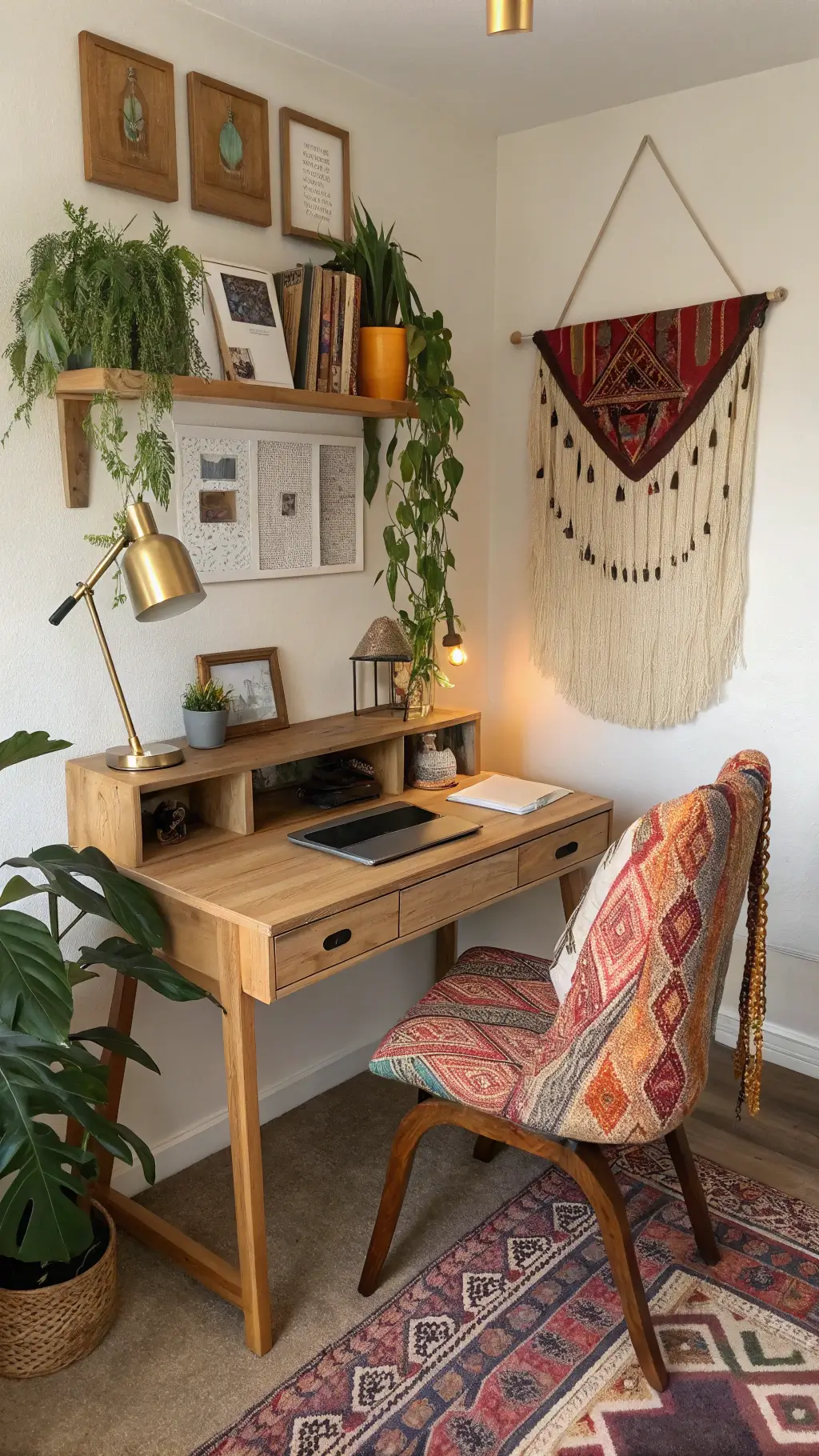 boho bedroom workspace with floating wood desk, vintage kilim chair, macramé plant hangers, brass lamp, carved wooden shelves, plum and saffron fabric swatches