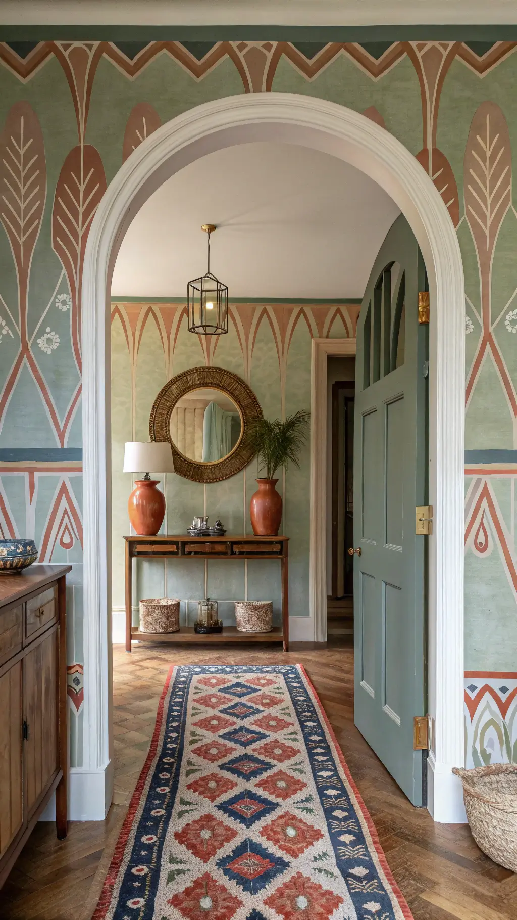 bedroom entrance with arched doorway, sage and terracotta geometric mural, rattan console, brass mirror, navy and rust runner, ceramic vessels
