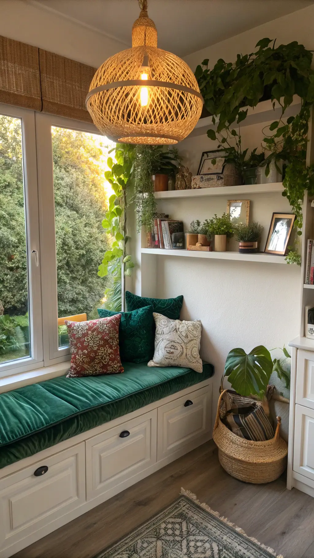 cozy reading nook with emerald velvet cushions, built-in bench with storage, rattan pendant, floating shelves with trinkets and plants, golden hour light