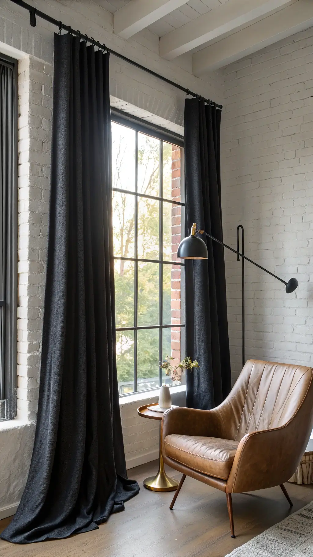 Mid-century modern reading nook with black linen curtains softly flowing in morning light, leather armchair, brass floor lamp, and whitewashed brick wall.
