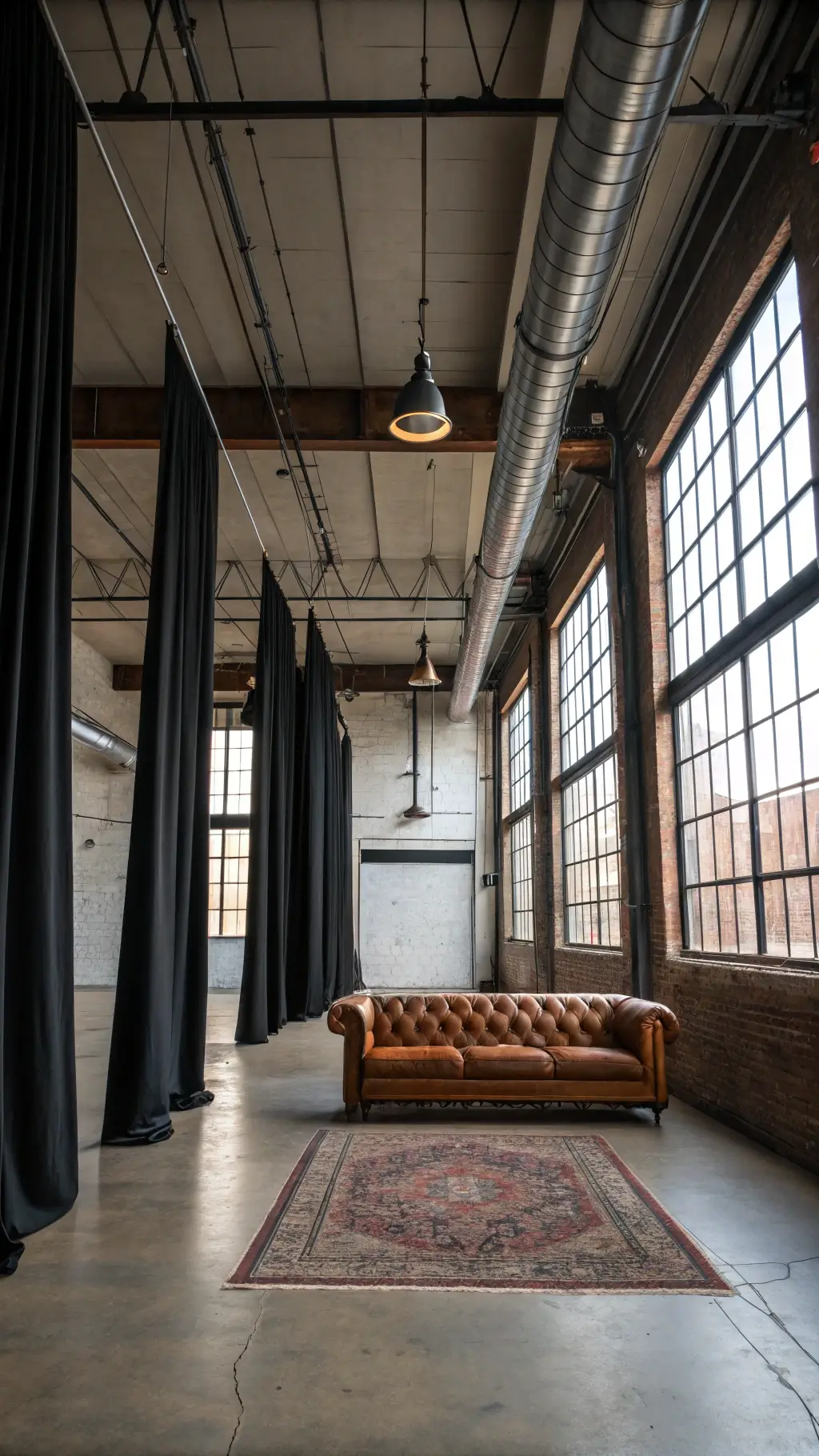 Industrial loft living room with high ceilings, exposed ductwork, black curtains, vintage Persian rug, and cognac leather sofa under pendant lighting.
