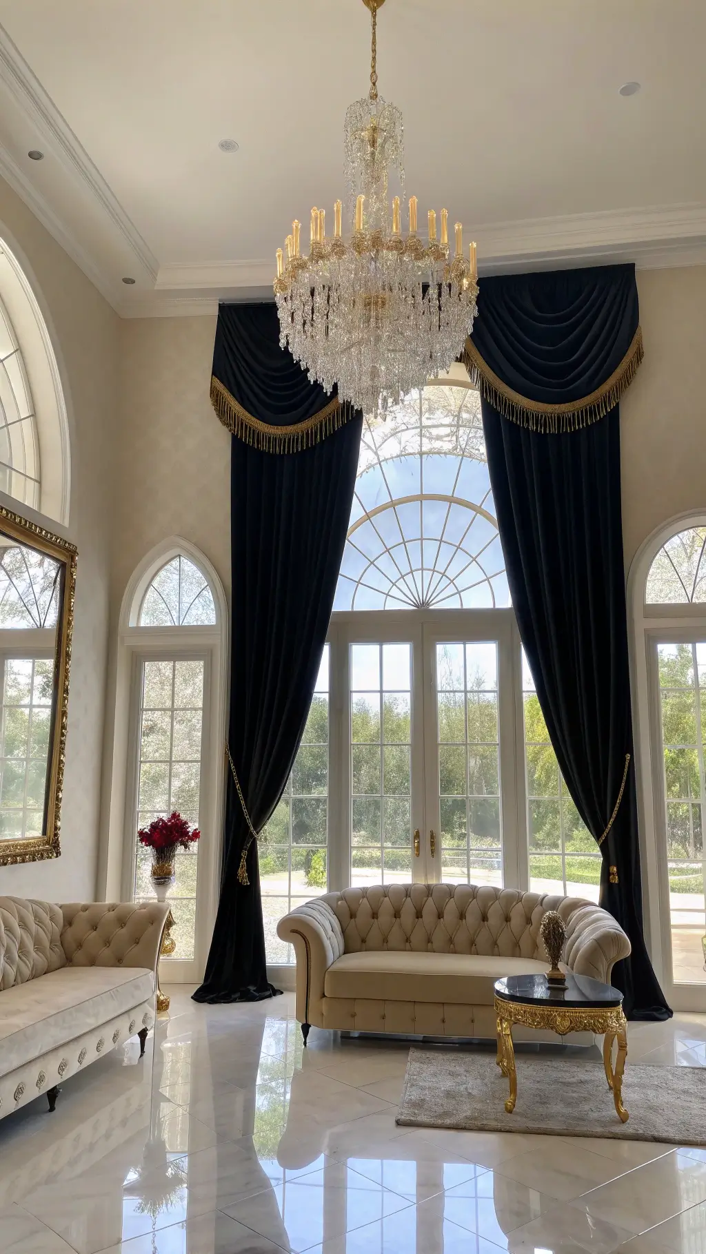 Elegant living room with black velvet curtains, crystal chandelier, cream sofa, and mirrored accent tables bathed in morning light.