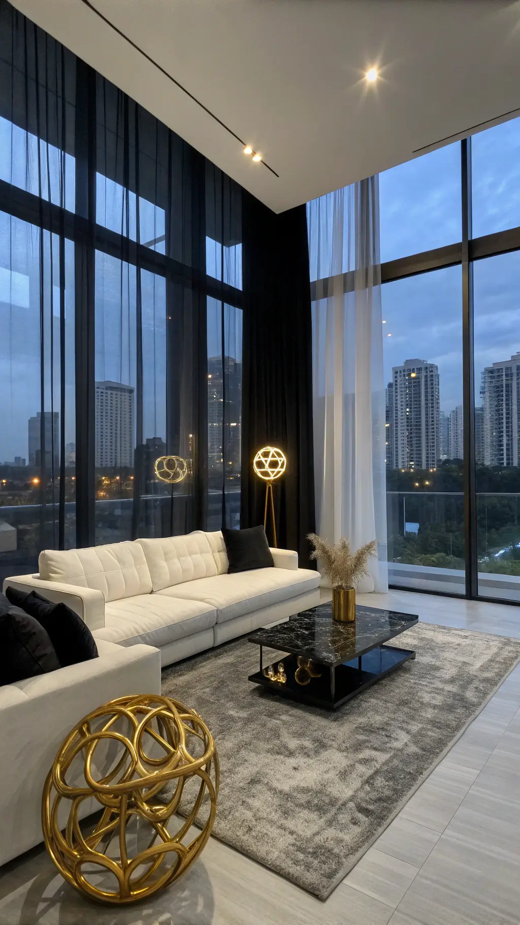 Minimalist living room at dusk with sleek black curtains, white boucle sectional, marble coffee table, gold sculptures, and city lights visible through windows.