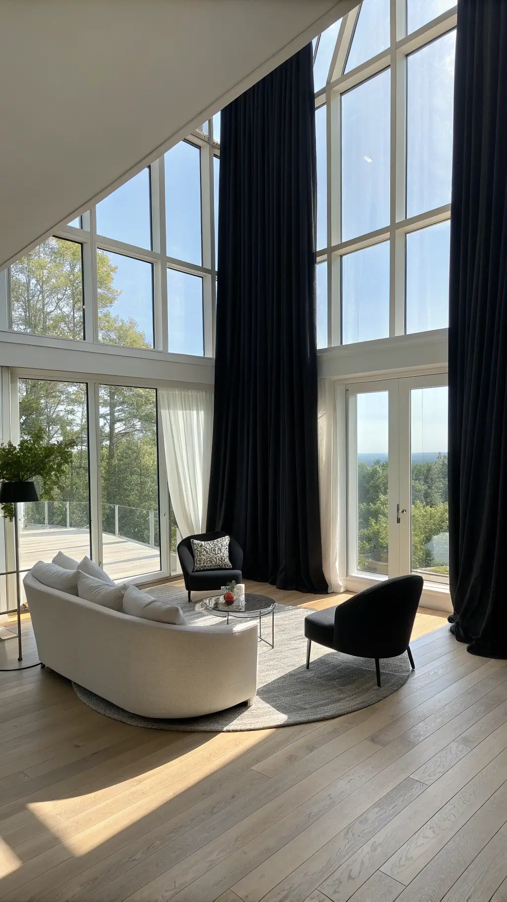 Bright Scandinavian-inspired living room with matte black linen curtains, light oak flooring, minimalist furniture, and geometric layout from a bird's eye view.