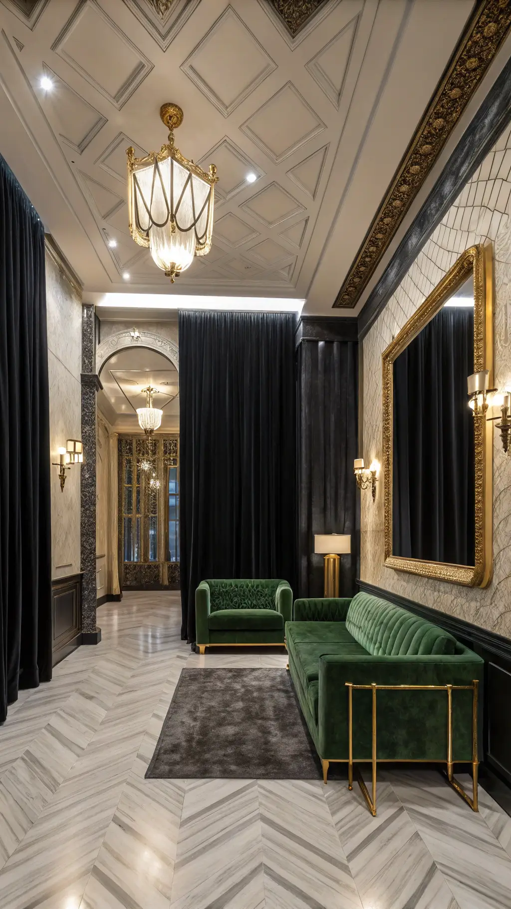 Art deco salon with black silk curtains, emerald green velvet sofa, marble herringbone floor, gold-leaf mirror, and crystal sconces under dramatic lighting.