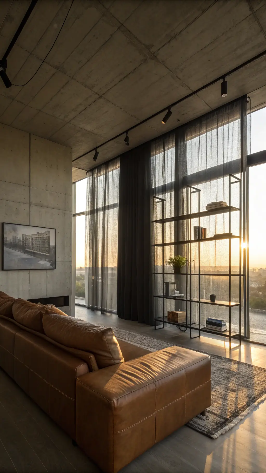 Sunrise lighting a contemporary apartment with sheer black curtains casting shadows on concrete walls, featuring a low-profile camel leather sectional and minimalist metal shelving with curated decor.