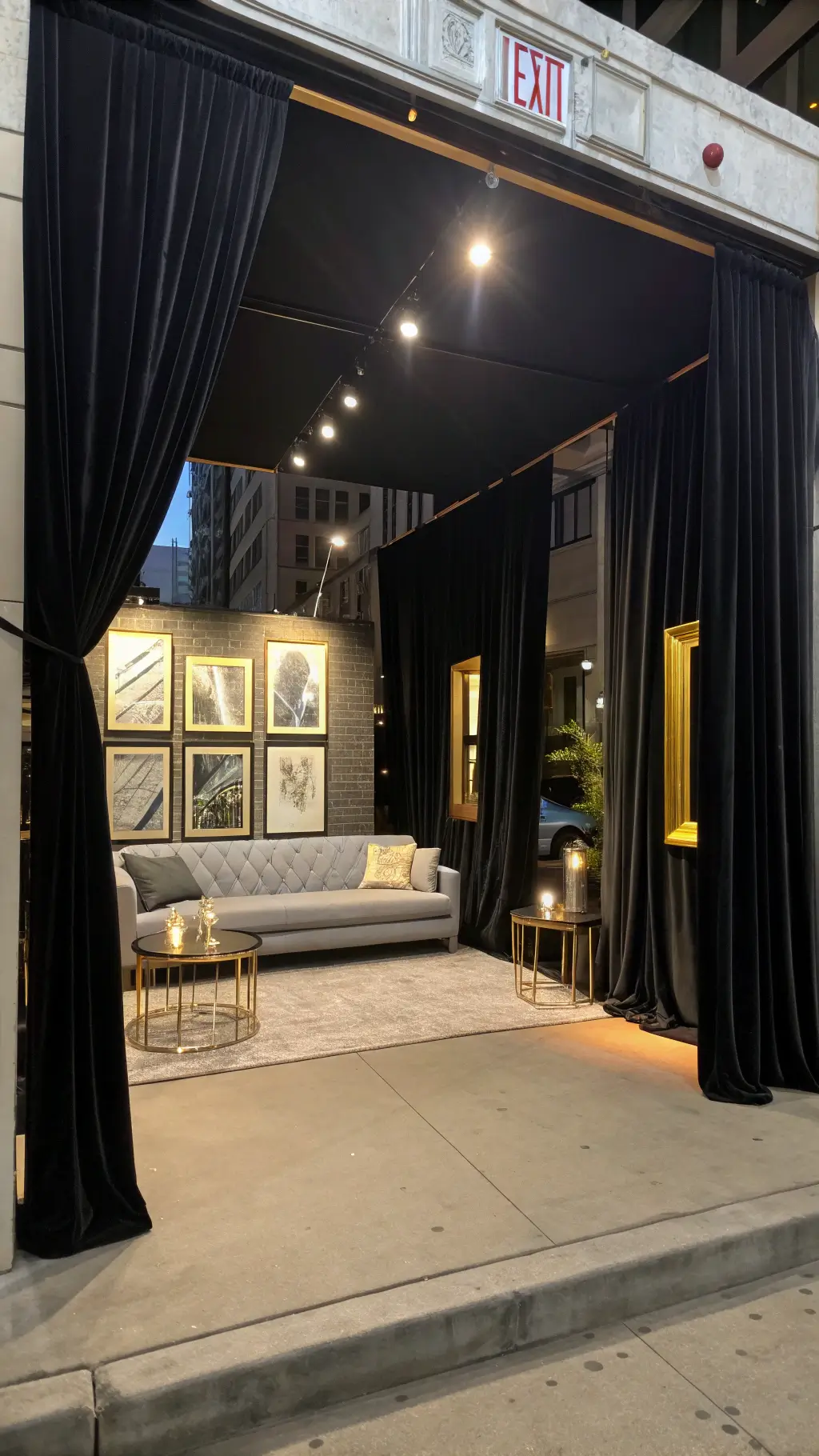 Nighttime view of an urban contemporary living room with dramatic black velvet curtains, grey boucle sectional, brass accent tables, gold-framed abstract art, and overhead LED lighting.