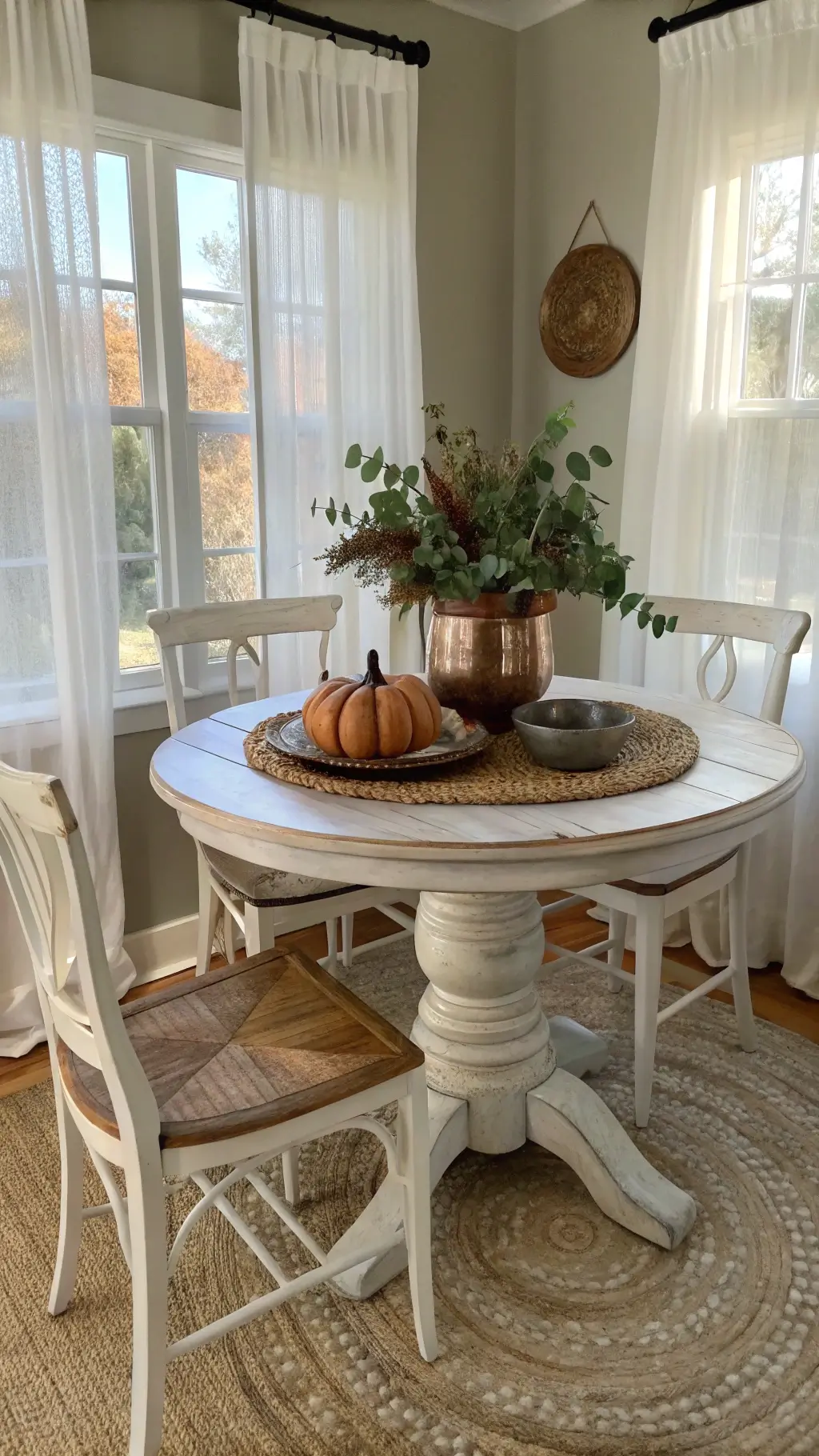 Intimate breakfast nook bathed in morning light with vintage chairs, oak table, copper pumpkins centerpiece, and charcoal accent wall.