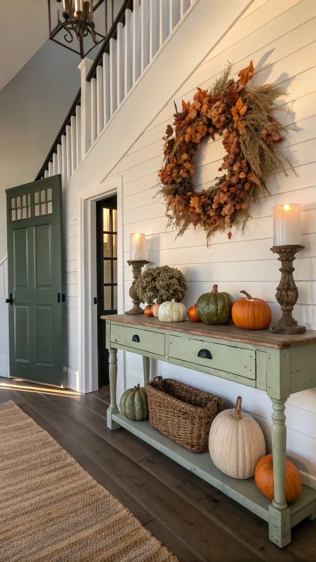 Farmhouse entryway with autumn wreath, vintage console, and pumpkin display illuminated by afternoon light.