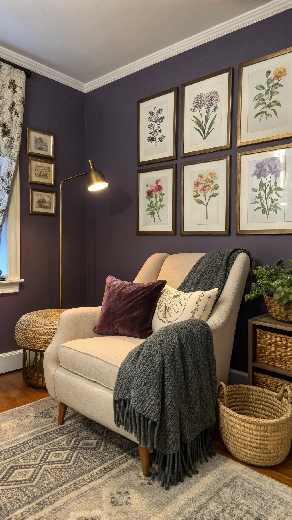 Cozy bedroom corner with plum accent wall, botanical prints, bouclé armchair, velvet pillows, and brass floor lamp.