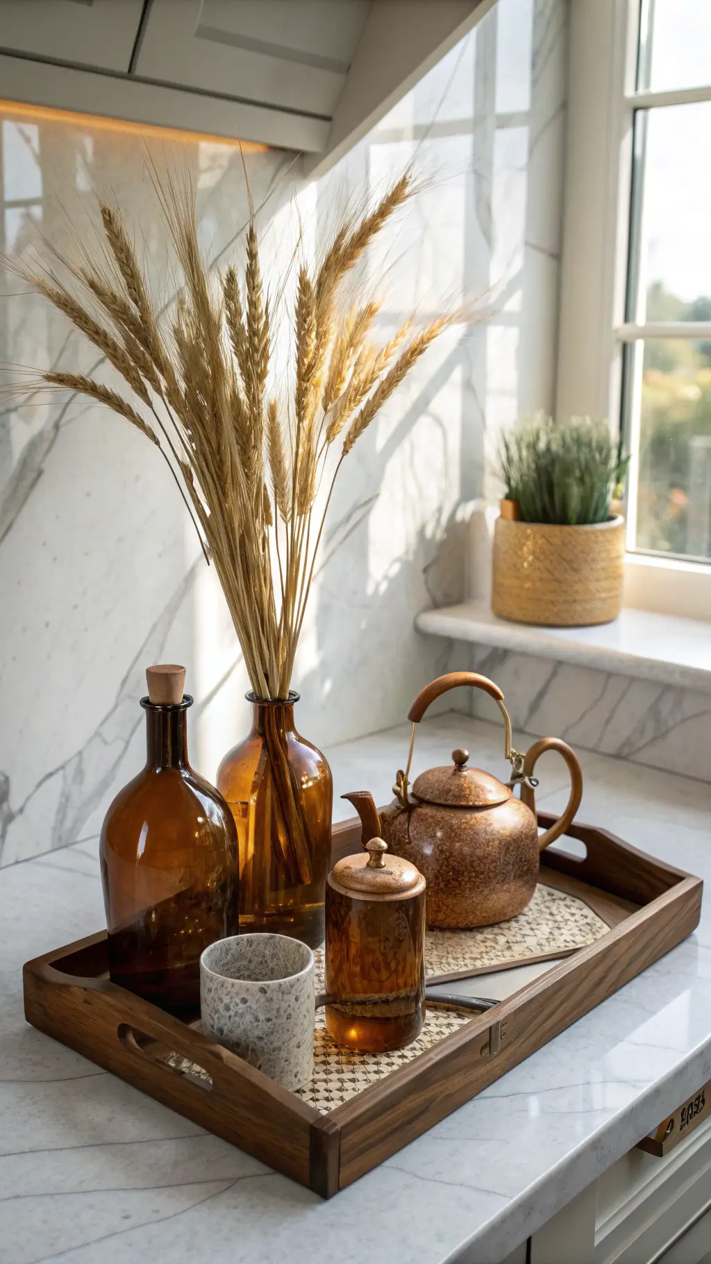Kitchen counter with wooden tray holding artisanal ceramics, dried wheat in amber vase, and copper kettle.