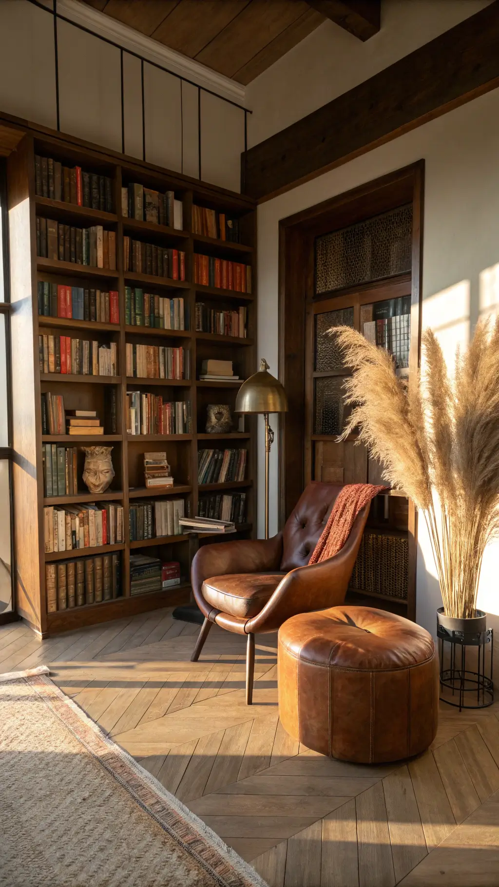 Cozy reading nook with walnut bookshelf, leather chair, wool pouf, ceramic vase with pampas grass, bathed in afternoon light.