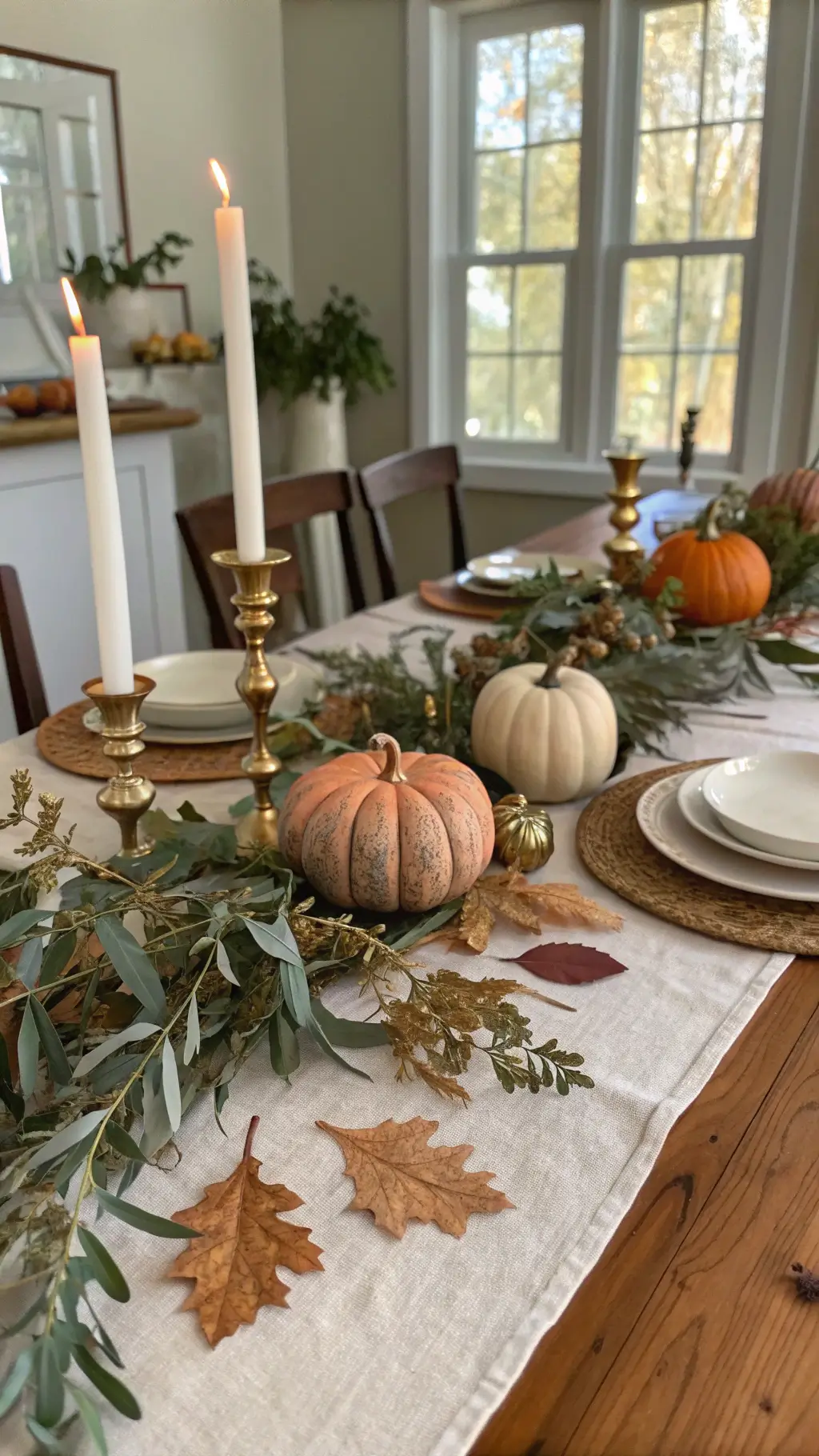 Vintage autumn tablescape with metallic pumpkins, dried oak leaves, brass candlesticks, and olive branch garland.