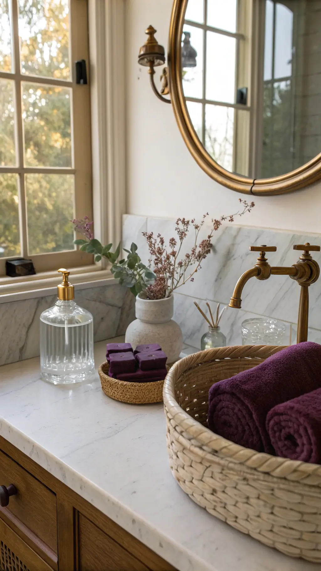 Vintage bathroom vanity with earthenware vessels, dried botanicals, woven basket, plum towels, and brass mirror.